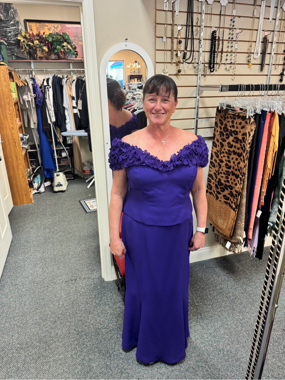 Off-Shoulder Purple Floral Trim Evening Gown